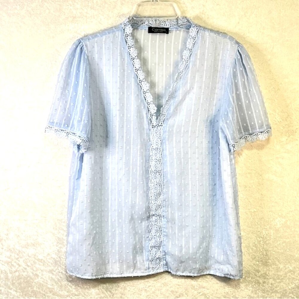CAMISA Top Womens L Button Up Lace Light Blue Swiss Dot Feminine